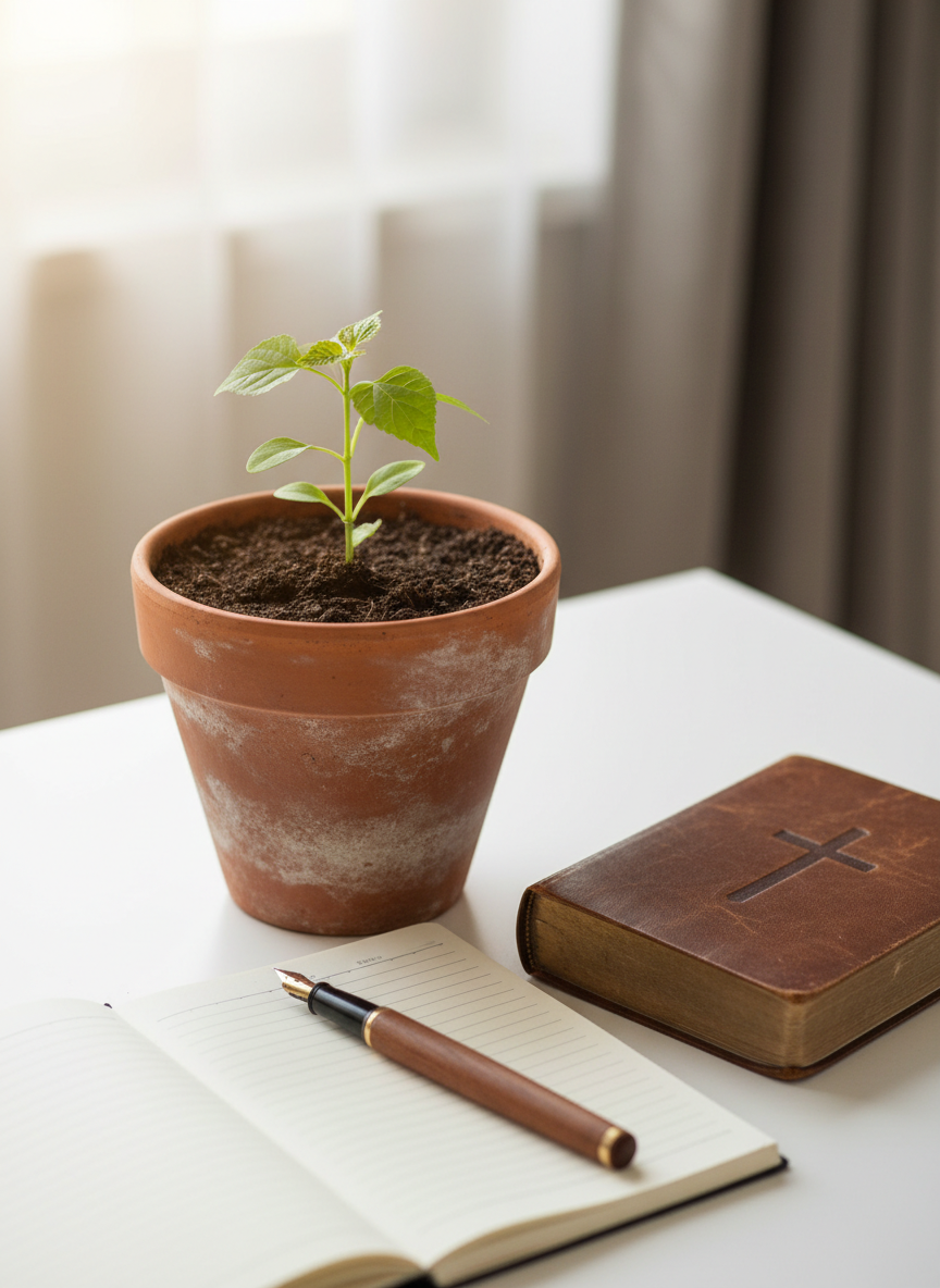 A young green plant sprouting from rich, dark soil in a terracotta pot, positioned on a clean white desk beside a closed, well-used Bible with a simple embossed cross on the cover. A finely crafted wooden pen rests on a lined notebook, pages empty and ready for notes. Soft, diffused daylight from a nearby window gently illuminates the scene, highlighting the delicate veins in the plant’s leaves and the subtle texture of the Bible’s cover. The background fades into a soft blur of neutral tones, suggesting a modern home office or study corner. Photographic realism, captured from a slightly elevated angle, creating a hopeful, peaceful mood that visually connects Scripture as a seed that grows into mature faith.