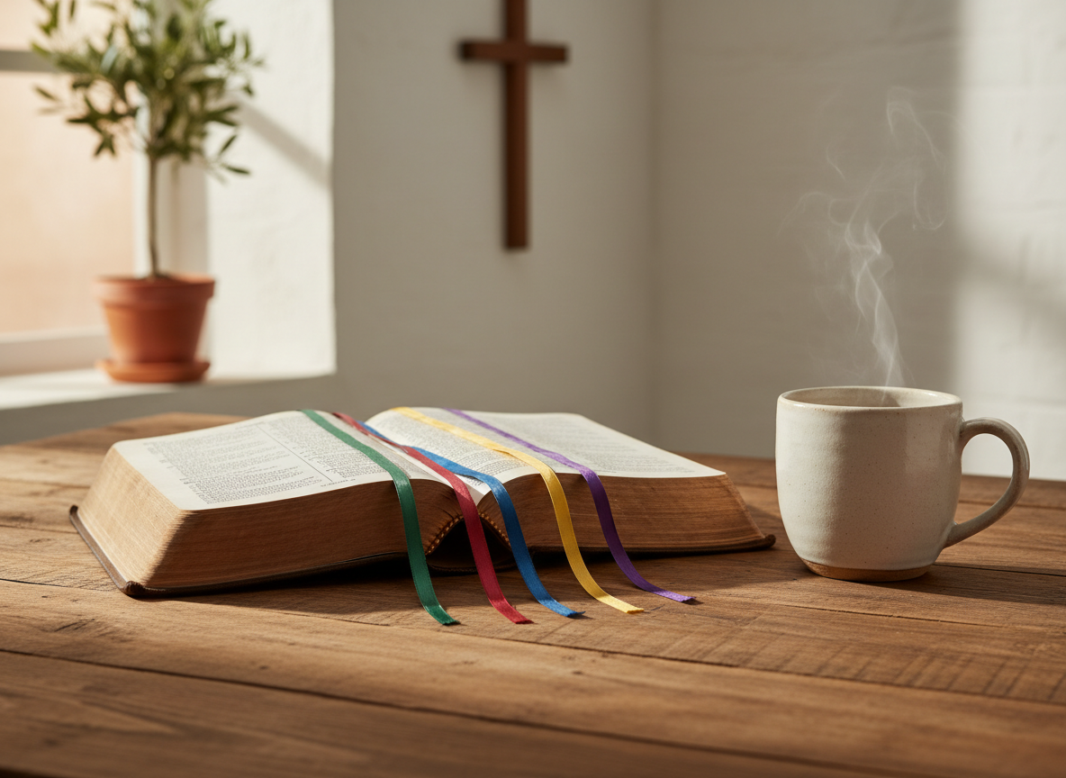 A well-worn leather-bound Bible lies open on a simple wooden farmhouse table, its thin pages slightly curled and marked with small colored page ribbons. A single ceramic mug of herbal tea sits to the side, with faint steam rising. Soft morning sunlight streams through an unseen window, casting gentle, warm highlights across the open text and subtle shadows along the wood grain. In the blurred background, there is a small potted olive tree and a plain cross on the wall, suggesting a peaceful space for devotion. Photographic realism, shot at eye level with a shallow depth of field, creating a calm, inviting atmosphere that emphasizes Scripture study and quiet Christian growth.