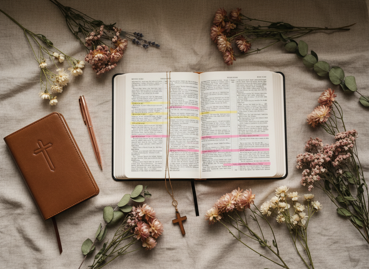 A warm, faith-inspired flat lay of Christian resources — an open Bible with highlighted verses, a prayer journal, a pen, and dried wildflowers arranged on soft linen, natural light, earthy tones, peaceful and inviting