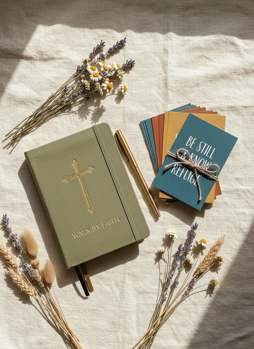 A warm, faith-inspired flat lay of Christian resources — a beautifully designed prayer journal, Scripture cards, a pen, and dried wildflowers arranged on soft linen, natural light, earthy tones, peaceful and inviting